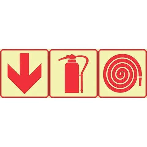 SABS Red Arrow down, Fire Extinguisher And Fire Hose Photoluminescent (glow in the dark)safety sign