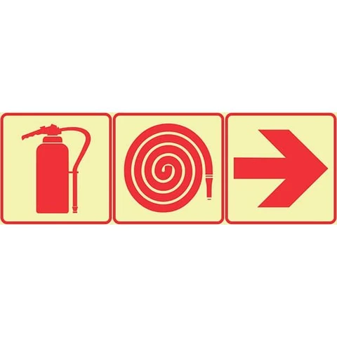 SABS Fire Extinguisher, Fire Hose and Red Arrow Right Photoluminescent (glow in the dark)safety sign
