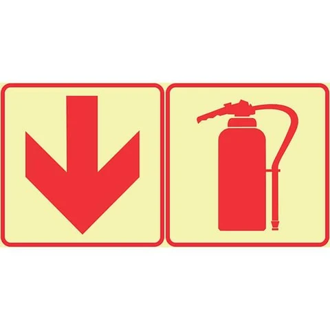 SABS Red Arrow down with Fire Extinguisher Photoluminescent (glow in the dark) safety sign 