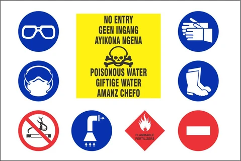 No Entry, warning of poison and mandatory PPE required safety sign 