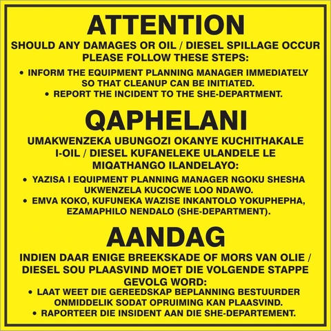 Diesel and oil spillage procedure safety sign
