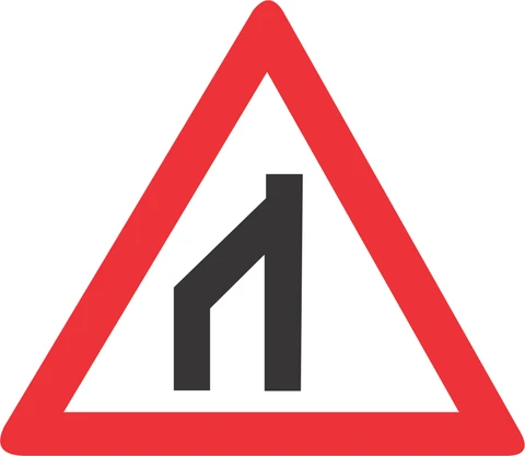 End of dual roadway (to right) road sign 